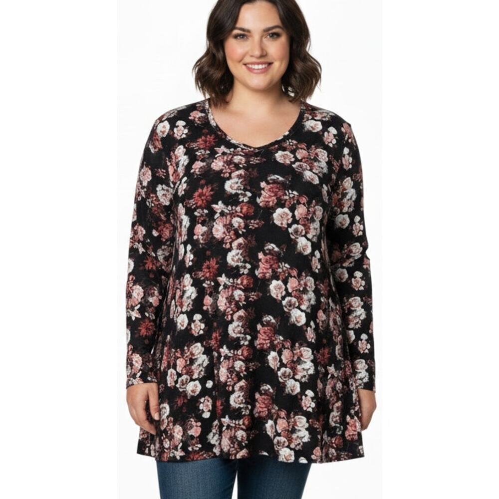 LuLaRoe Women 3x Black & Pink Floral Roses Stretch "Lynnae" T-shirt Top